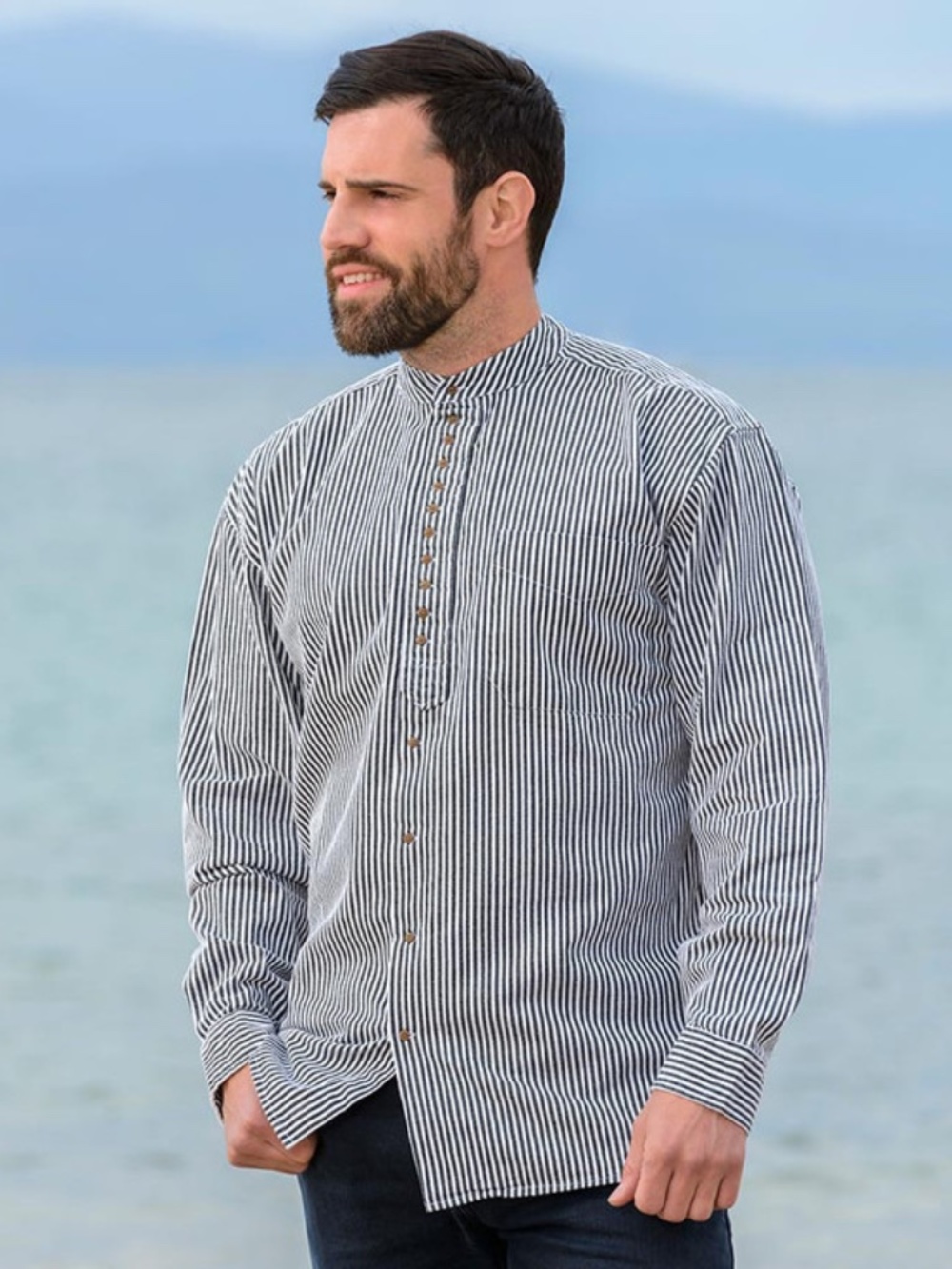 Aran Sweater Market Unisex Gray/White Striped Grandfather Shirt Size 3XL Beach!